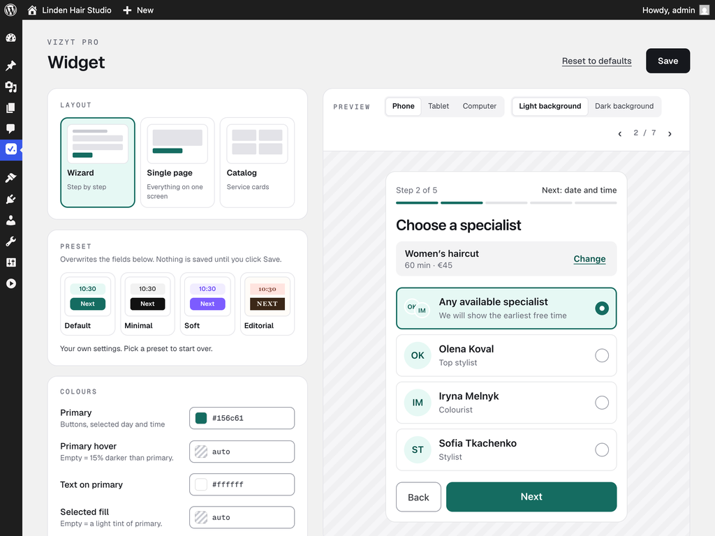 Vizyt Pro appearance editor: presets and live form preview