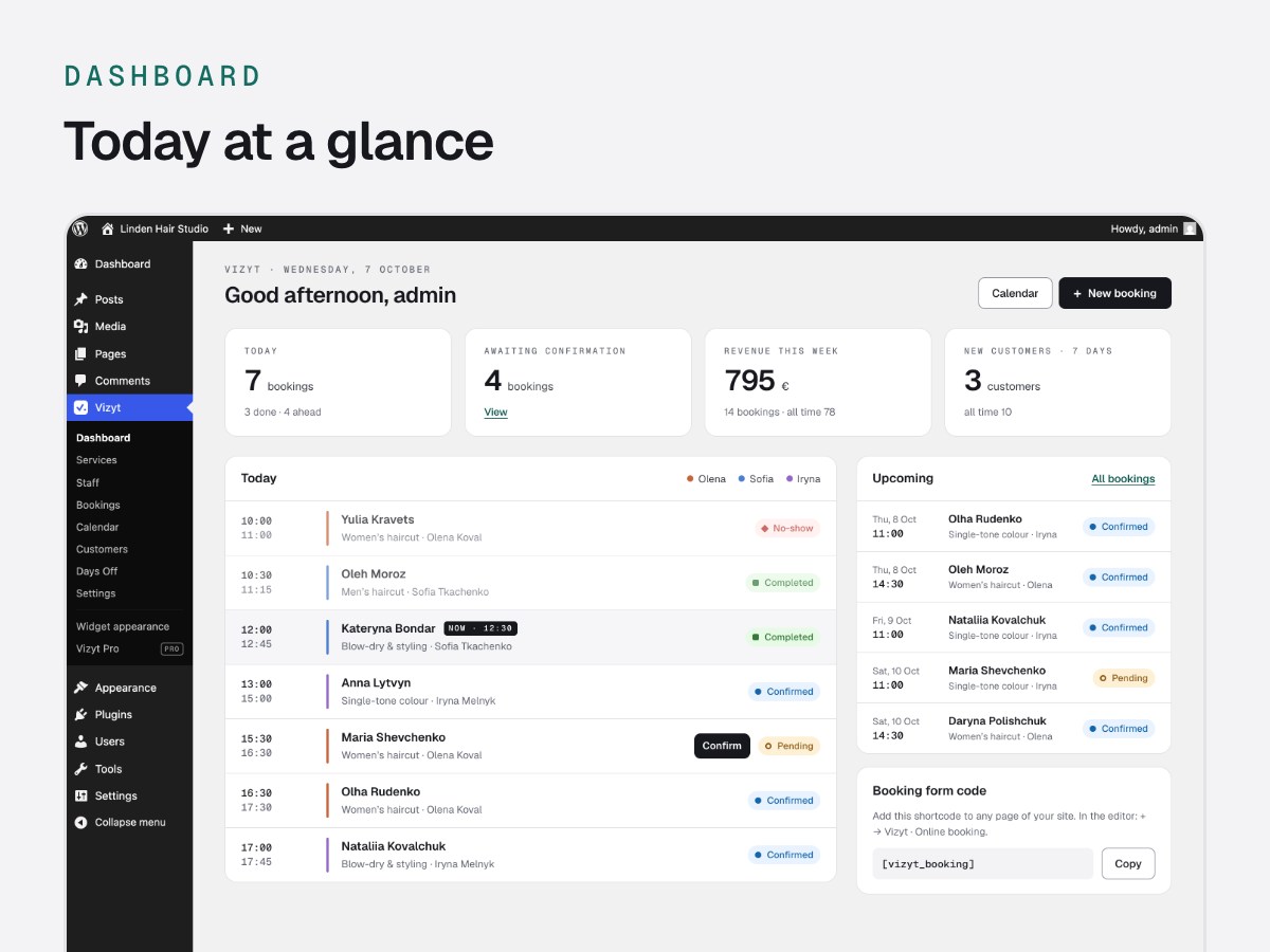“Today” dashboard: bookings for the day and revenue