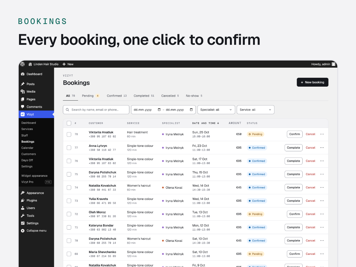 Bookings list with status and staff filters