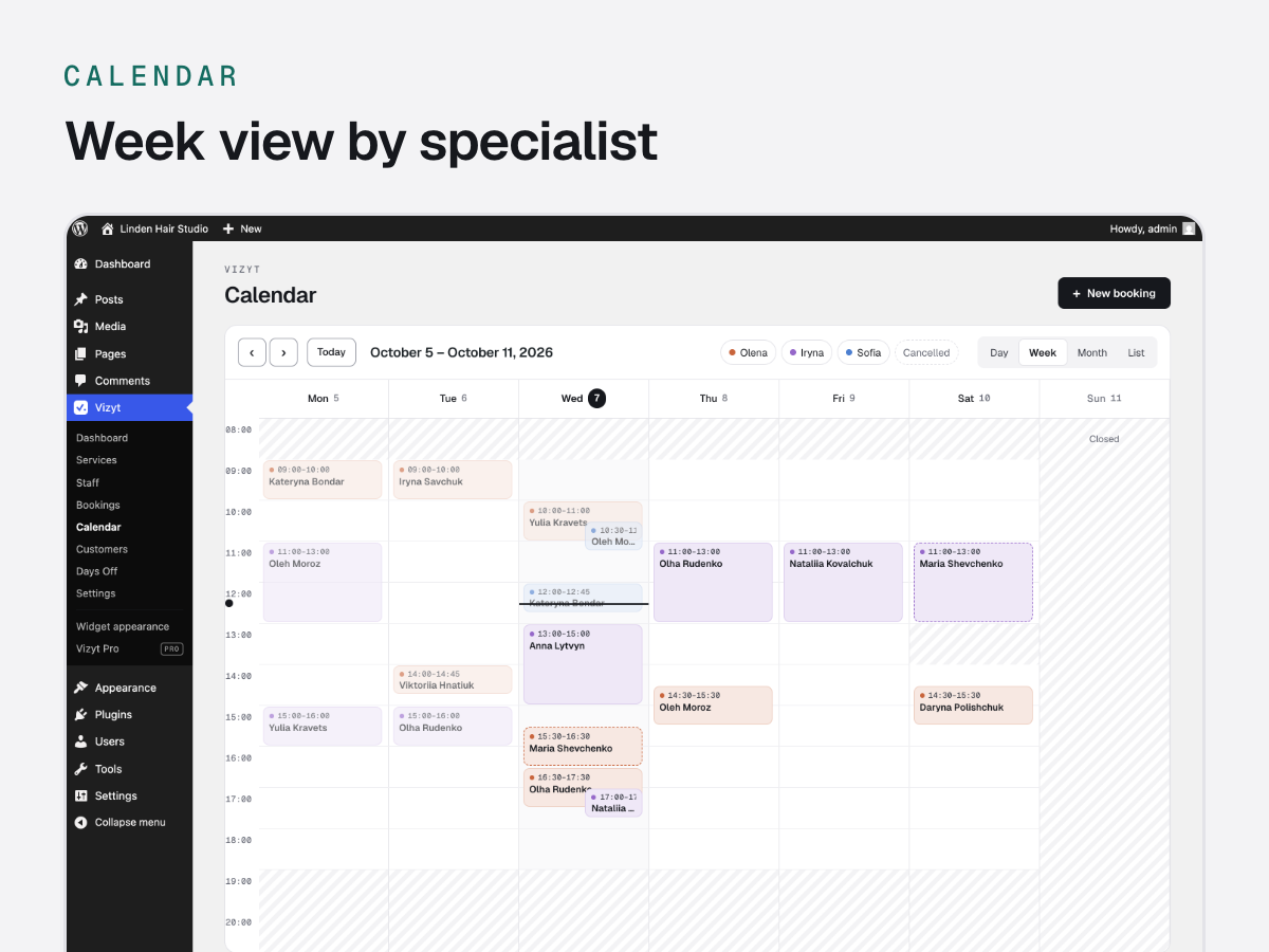Booking calendar in week view
