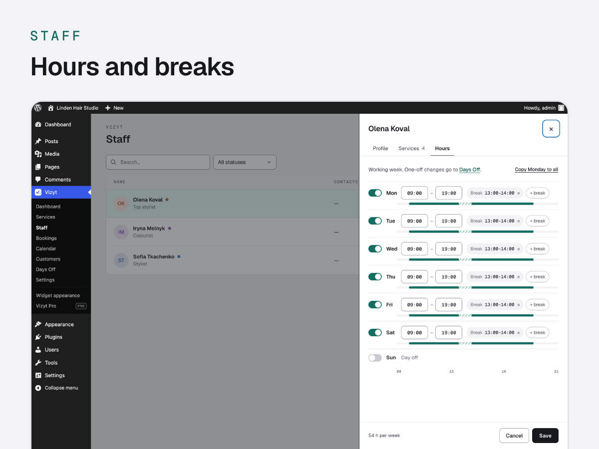 Staff schedule settings with breaks and days off