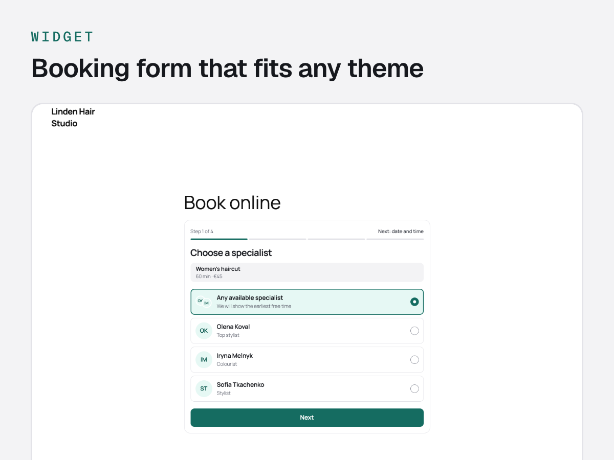 Booking form on the site: choosing a specialist